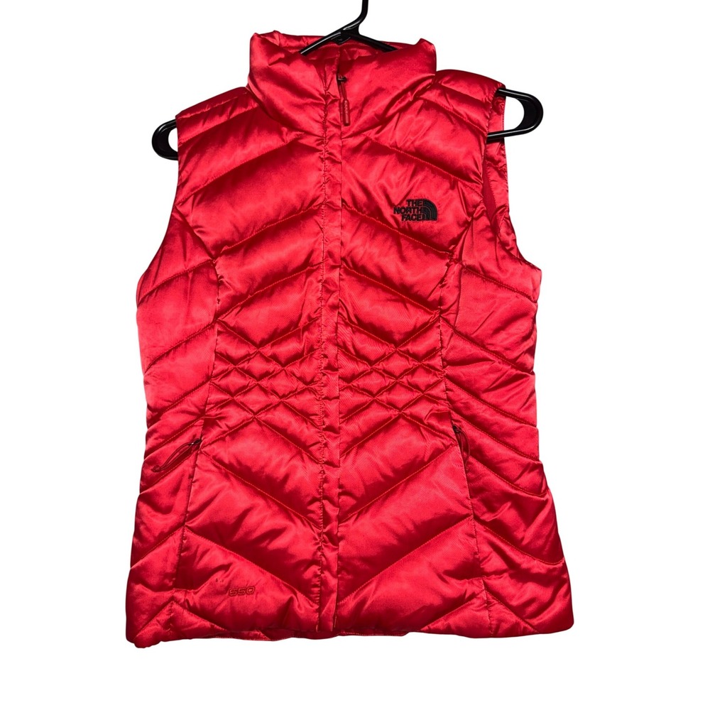 The North Face 550 Down Puffer Vest Womens XS Red Quilted Full Zip Mock Neck